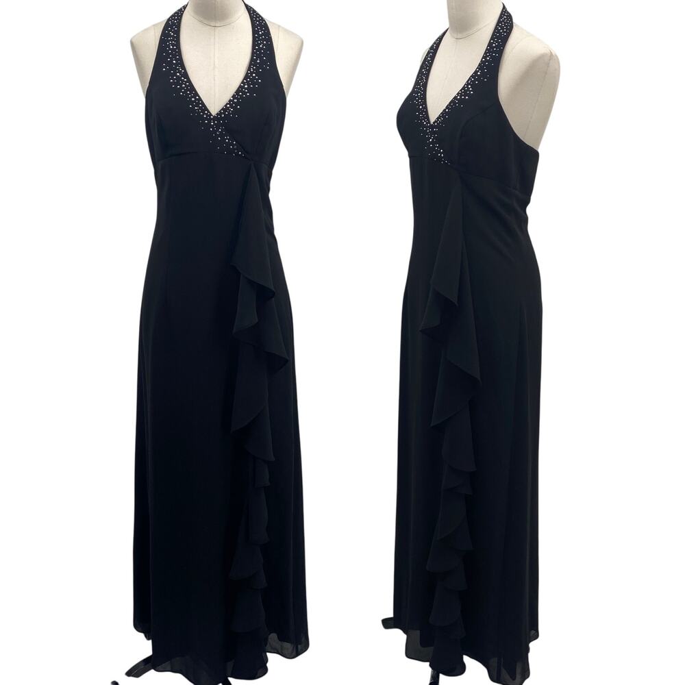 Vintage Y2k Rhinestone Halter Ball Gown V Neck Surplice Ruffle Front Black 4